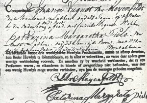 Aangifte ondertrouw Johan August von Meijenfeldt en Catharina Margaretha Pieploo