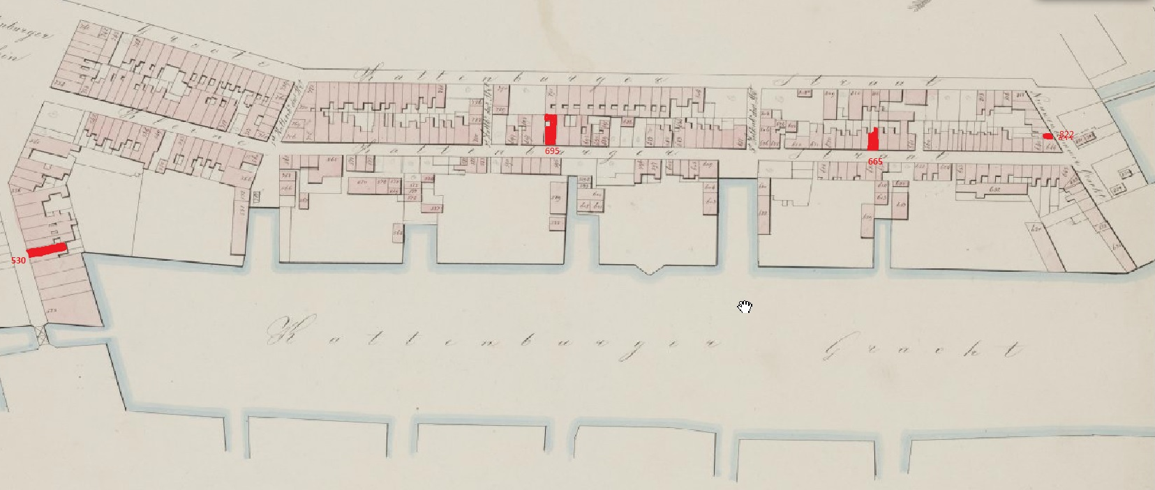 Kattenburg te Amsterdam. Carl von Meijenfeldt (1815-1899) woont met gezin van links naar rechts: - 1866-1888: Kattenburgergracht 530, nu 13; - 1850-1852: (Kleine) Kattenburgerstraat 695 kelder; - 1852-1866: (Kleine) Kattenburgerstraat 665, nu 145; - 1852: Nieuwendammergracht(je) 822 verdieping, nu flatgebouw Marinierskade.